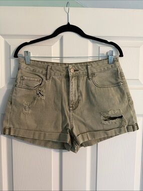 Bullhead Olive-Green Distressed Rolled Hem Jean Shorts